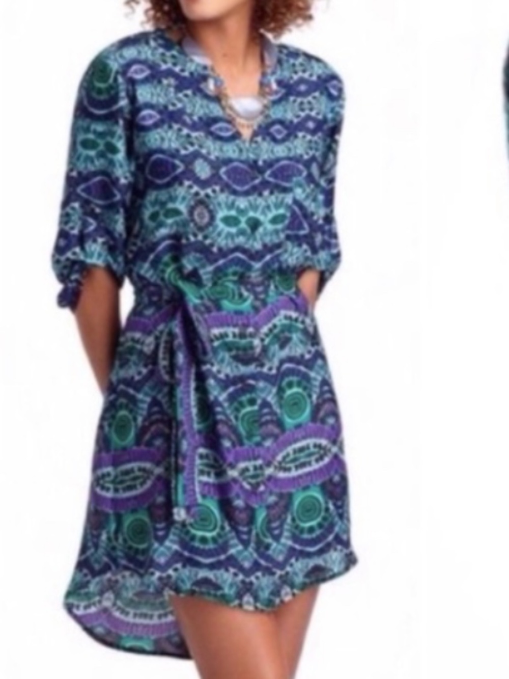 Anthropologie Mauve Frequencies Turquoise Ikat Belted Hi Low Shirtdress Medium